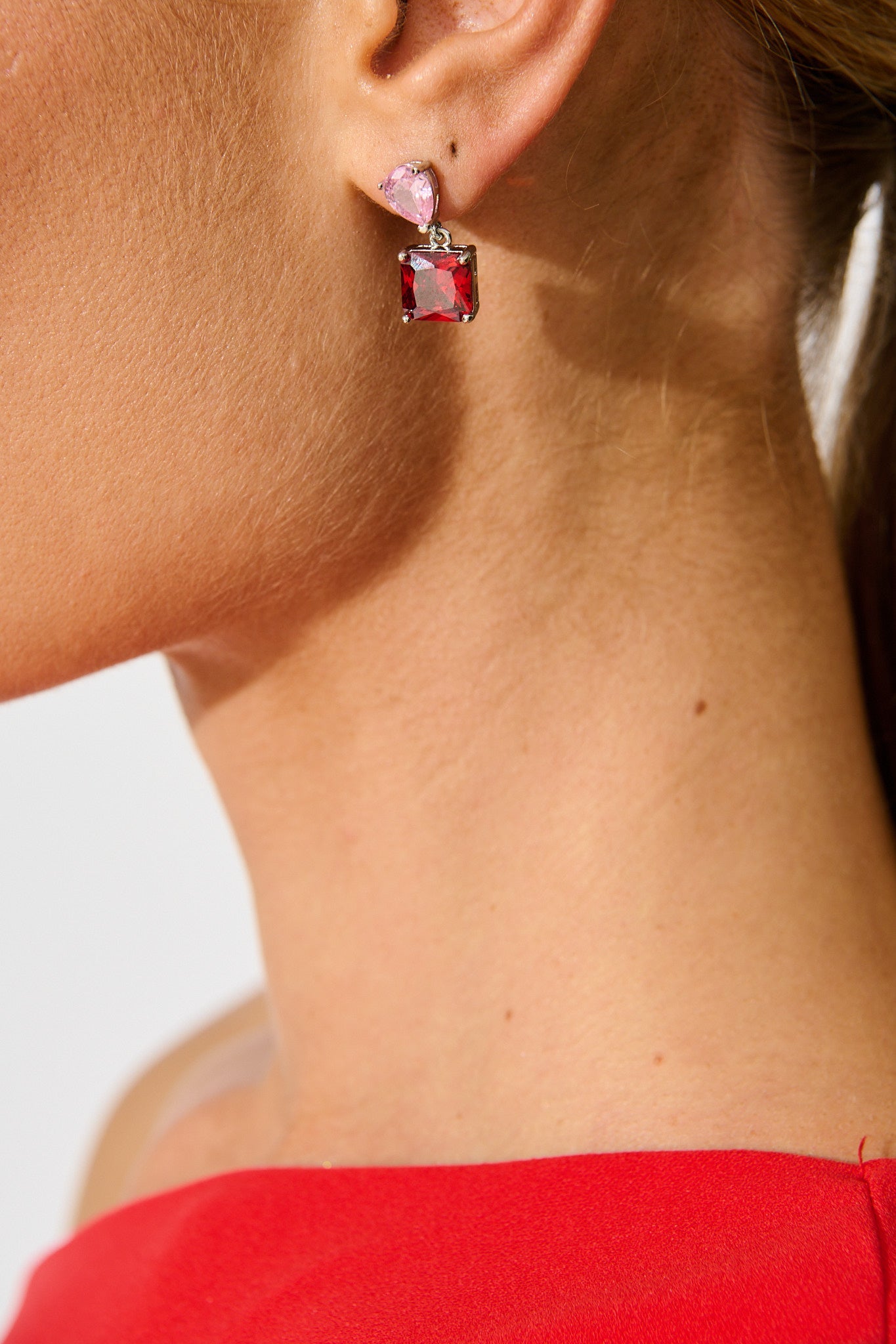 Elise Drop Earrings in Silver with Pink And Red Stones