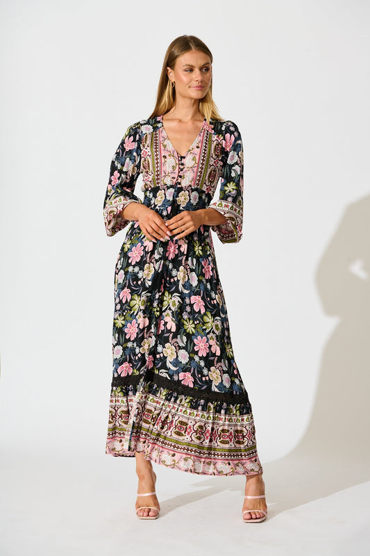 Mayda Maxi Dress in Black with Pink Boho Floral