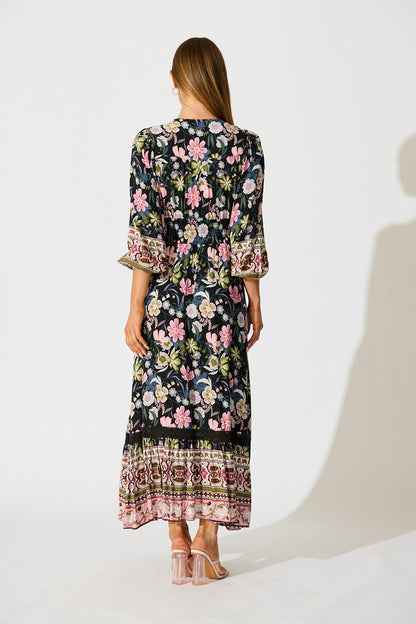 Mayda Maxi Dress in Black with Pink Boho Floral