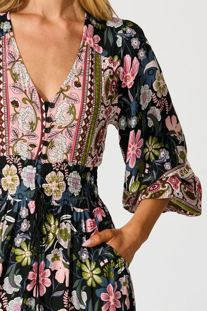 Mayda Maxi Dress in Black with Pink Boho Floral