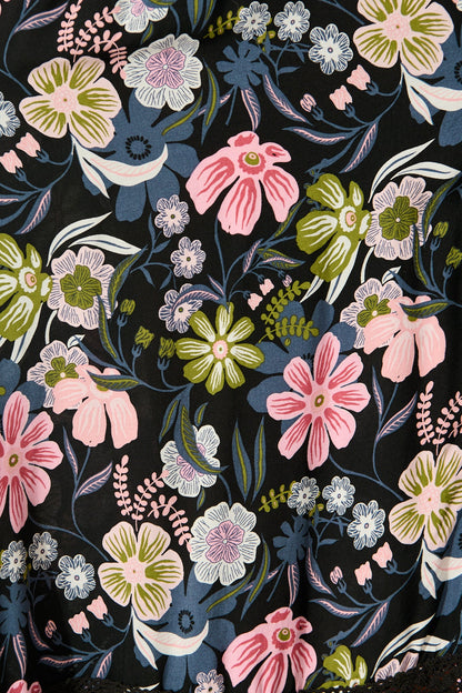 Mayda Maxi Dress in Black with Pink Boho Floral