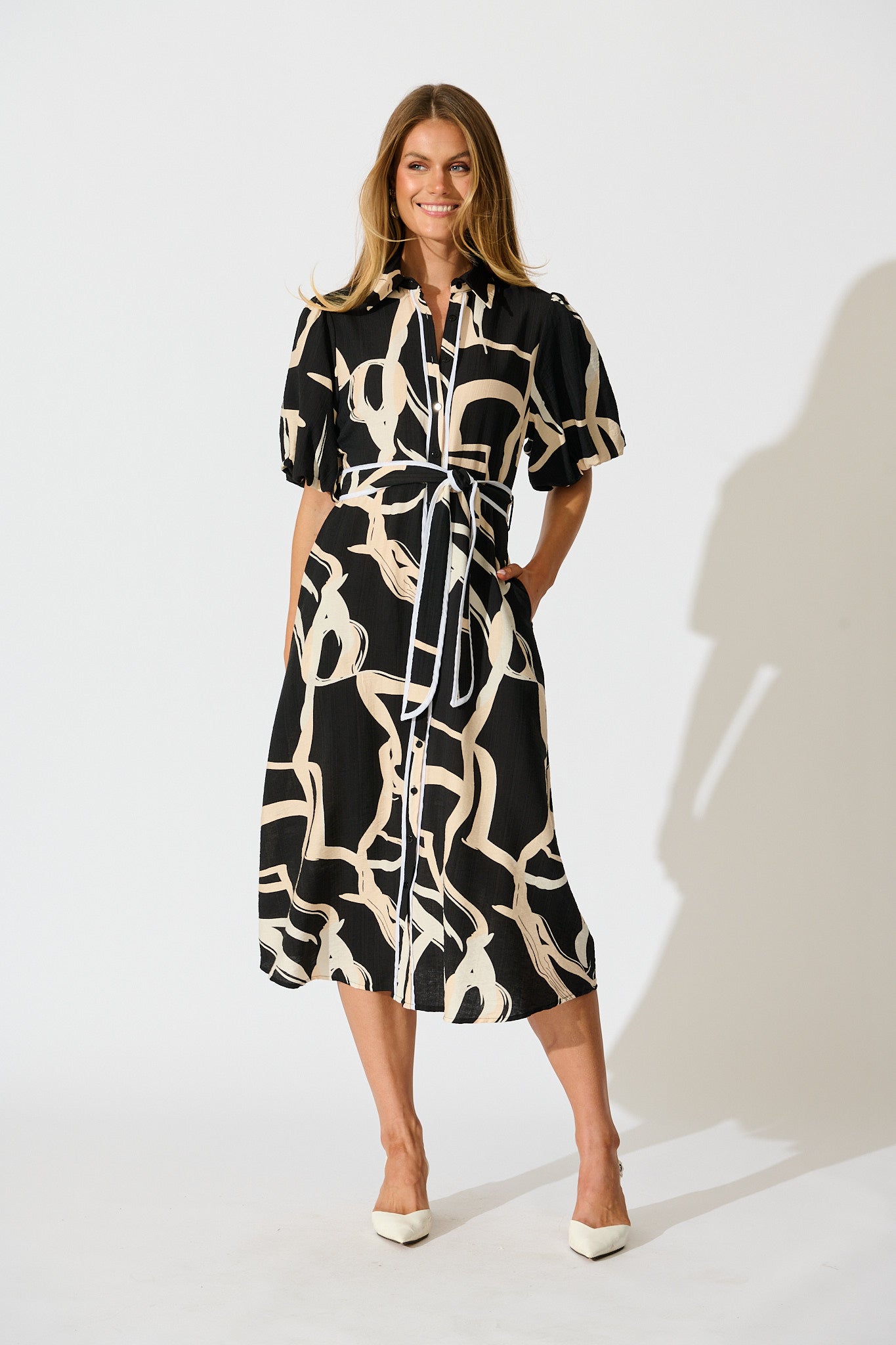 PRE ORDER Libra Midi Shirt Dress in Black with Cream Swirl Print Linen Blend