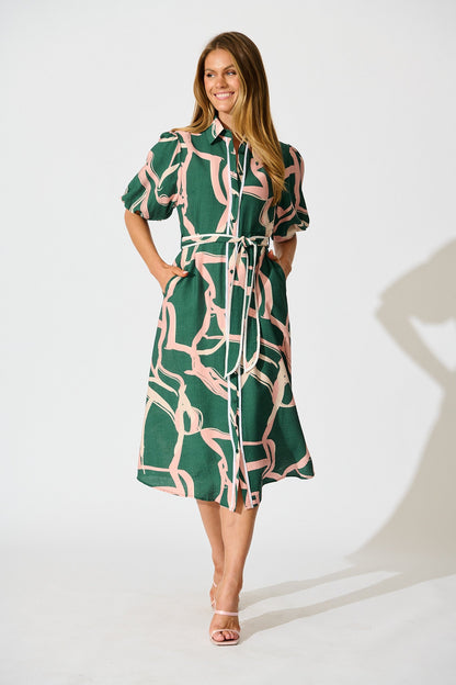 Libra Midi Shirt Dress in Green with Pink Swirl Print Linen Blend