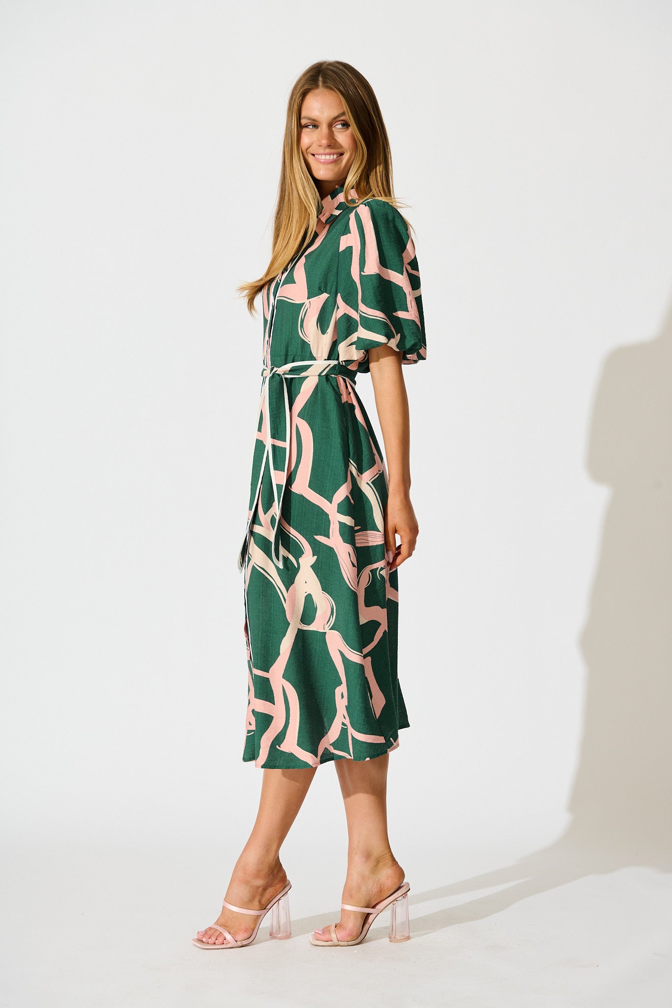 Libra Midi Shirt Dress in Green with Pink Swirl Print Linen Blend