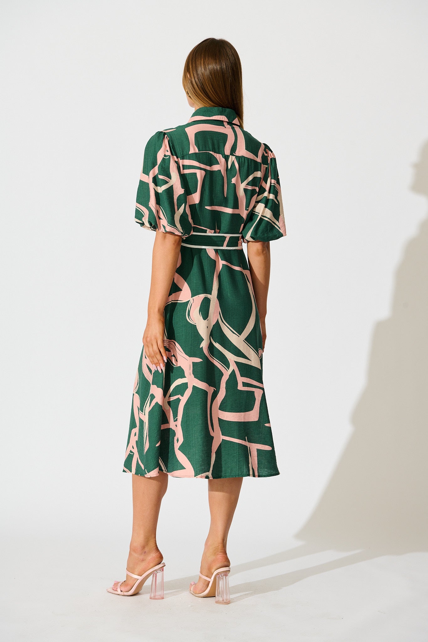 Libra Midi Shirt Dress in Green with Pink Swirl Print Linen Blend