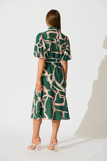 Libra Midi Shirt Dress in Green with Pink Swirl Print Linen Blend