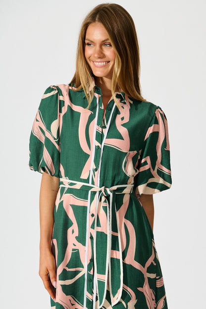 Libra Midi Shirt Dress in Green with Pink Swirl Print Linen Blend