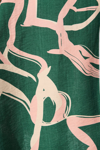 Libra Midi Shirt Dress in Green with Pink Swirl Print Linen Blend