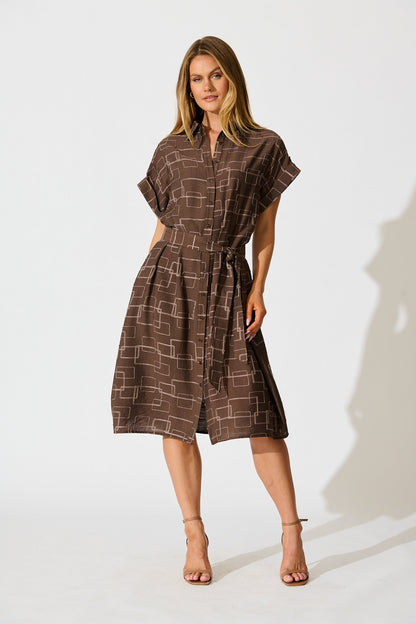 Hartlee Midi Shirt Dress in Brown Embroidery Linen Blend