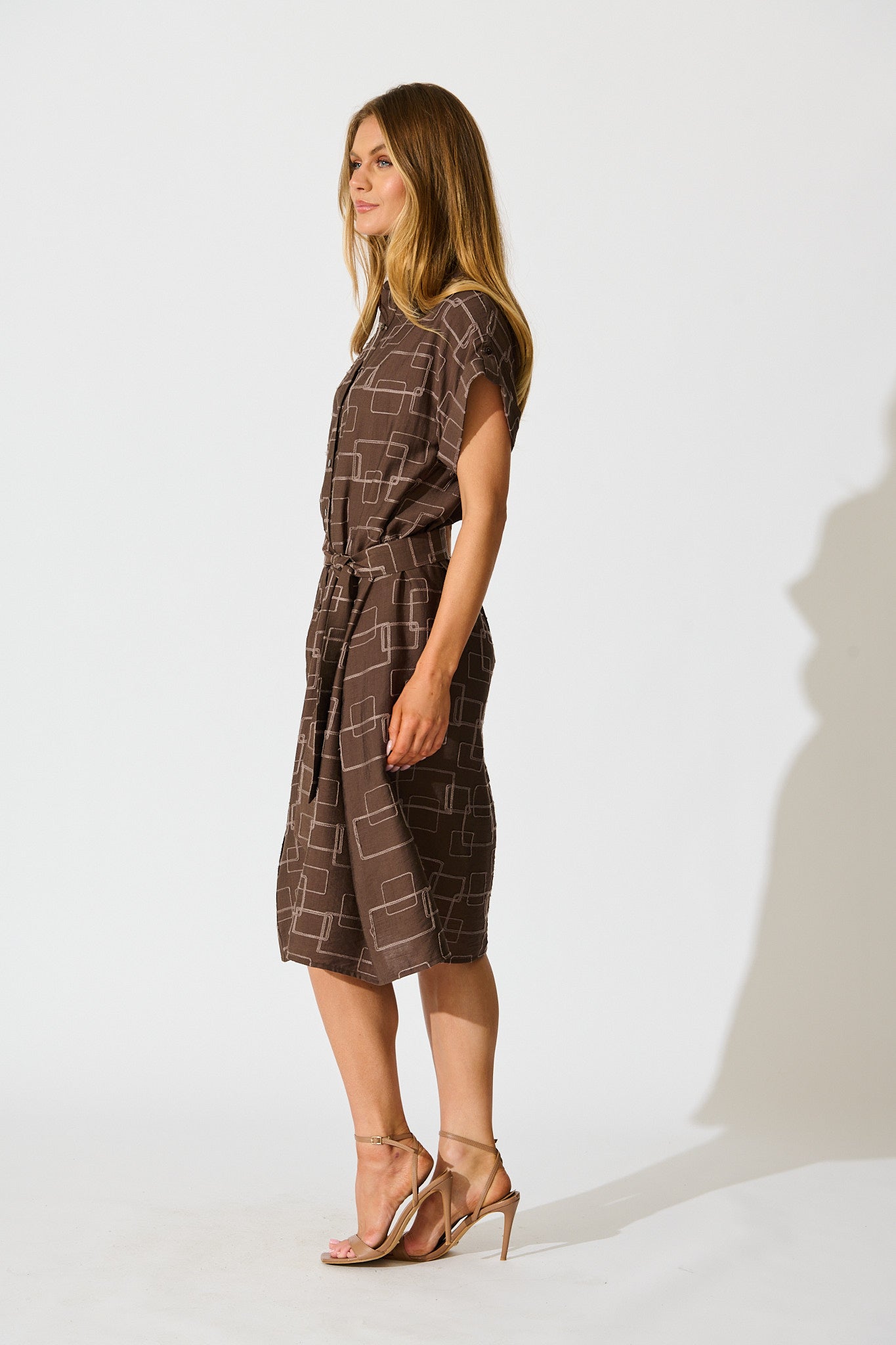 Hartlee Midi Shirt Dress in Brown Embroidery Linen Blend