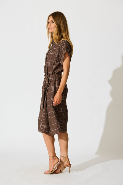 Hartlee Midi Shirt Dress in Brown Embroidery Linen Blend