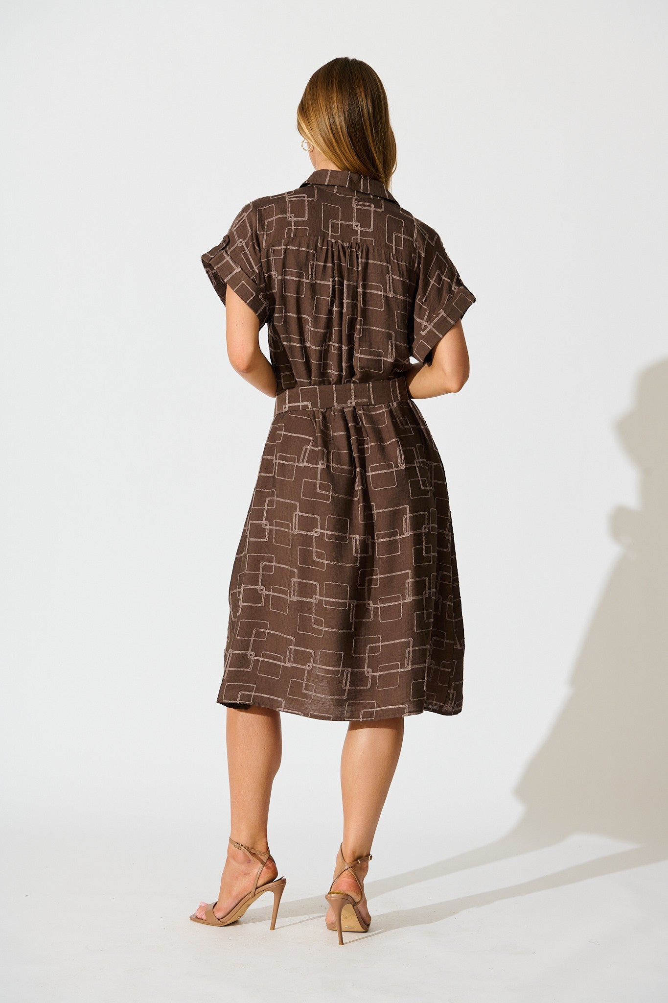 Hartlee Midi Shirt Dress in Brown Embroidery Linen Blend