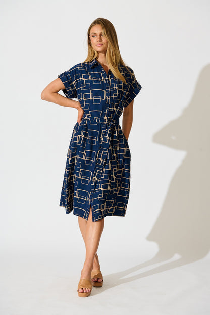 Hartlee Midi Shirt Dress in Navy Embroidery Linen Blend
