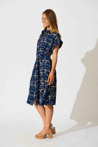 Hartlee Midi Shirt Dress in Navy Embroidery Linen Blend