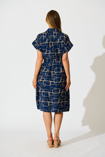 Hartlee Midi Shirt Dress in Navy Embroidery Linen Blend