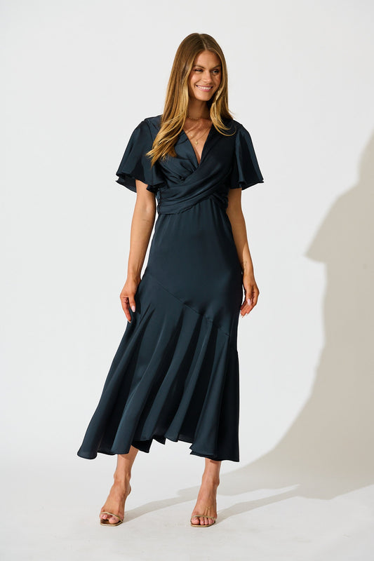 Sunset Serenade Maxi Dress in Navy Satin