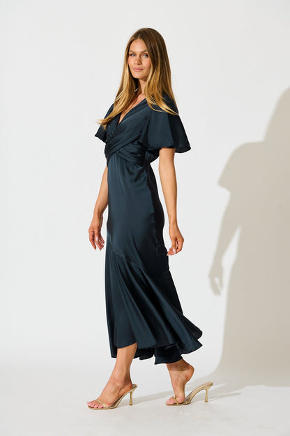 Sunset Serenade Maxi Dress in Navy Satin