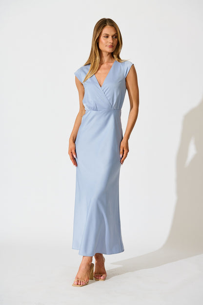 Elegant Devotion Maxi Dress in Ice Blue Satin