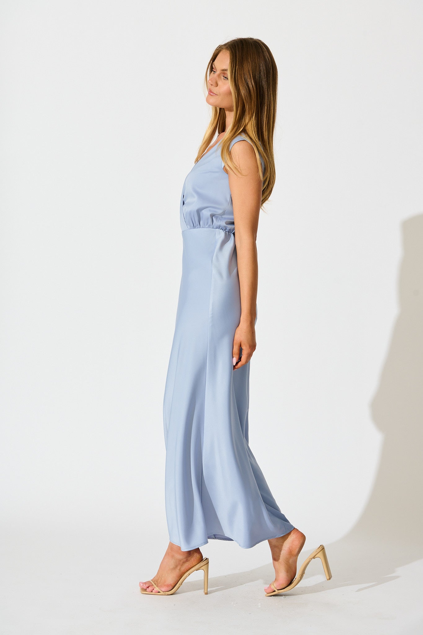 Elegant Devotion Maxi Dress in Ice Blue Satin