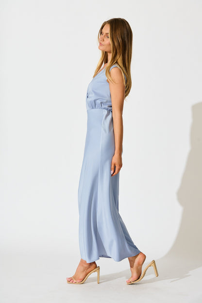 Elegant Devotion Maxi Dress in Ice Blue Satin