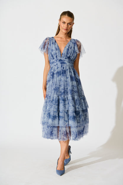 PRE ORDER Ethereal Sky Midi Dress in Blue with Navy Floral Tulle