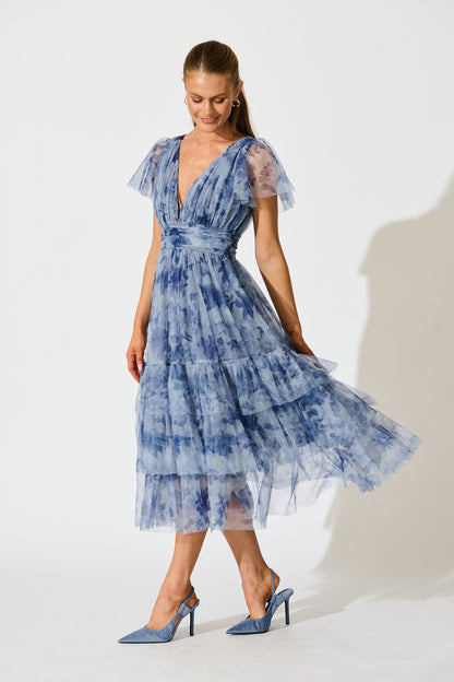 PRE ORDER Ethereal Sky Midi Dress in Blue with Navy Floral Tulle