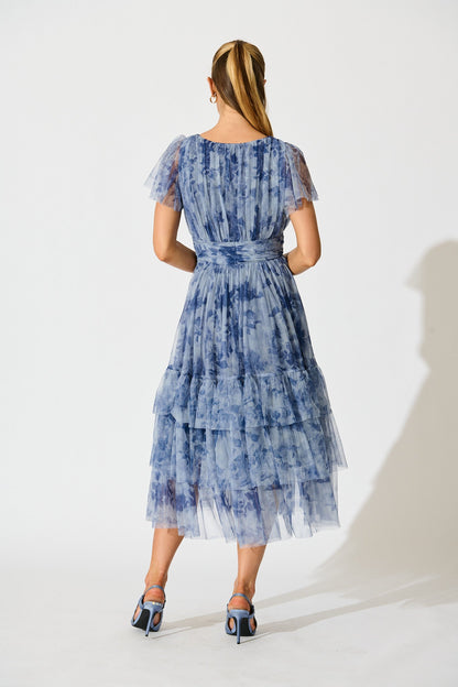 PRE ORDER Ethereal Sky Midi Dress in Blue with Navy Floral Tulle