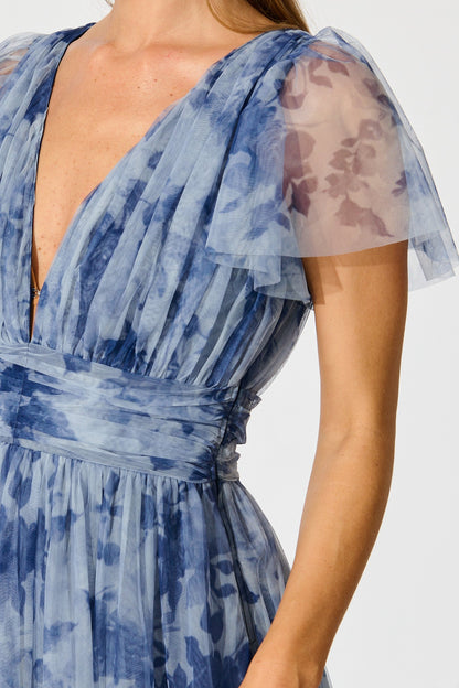 PRE ORDER Ethereal Sky Midi Dress in Blue with Navy Floral Tulle