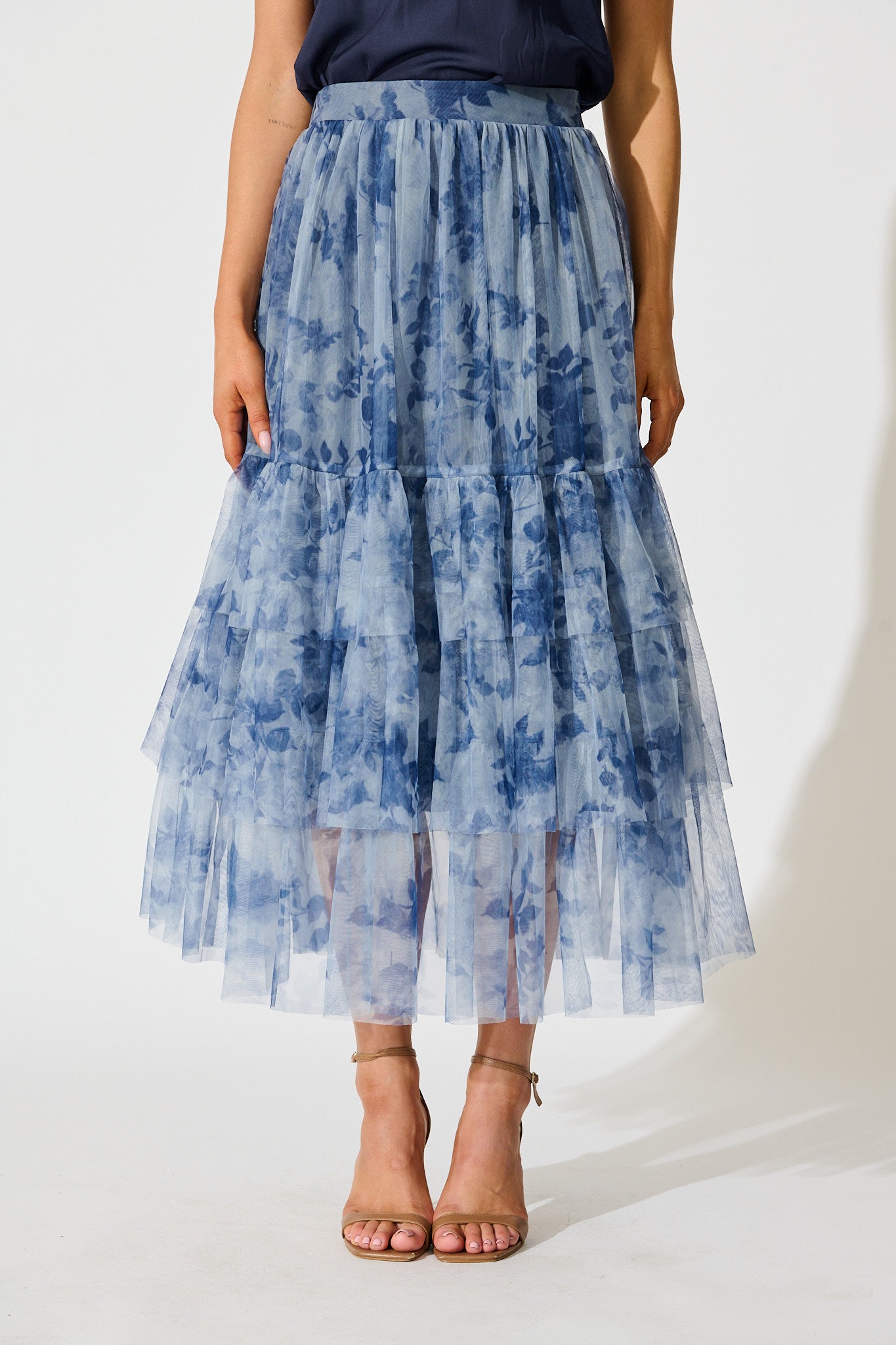 Sky Bloom Midi Skirt in Blue with Navy Floral Tulle