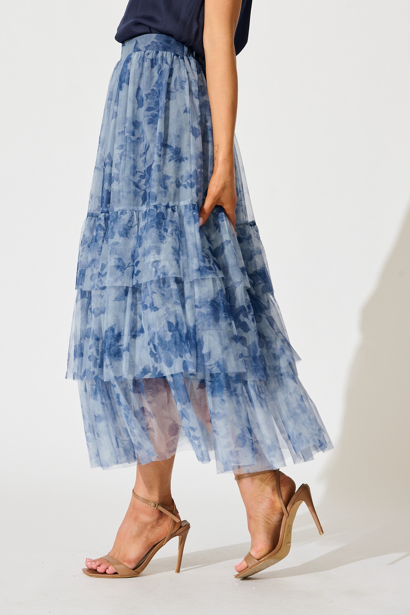 Sky Bloom Midi Skirt in Blue with Navy Floral Tulle