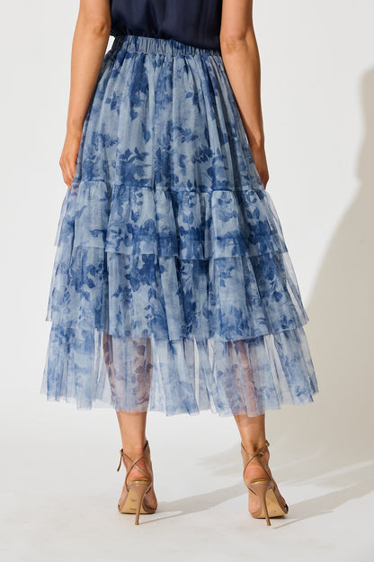 Sky Bloom Midi Skirt in Blue with Navy Floral Tulle