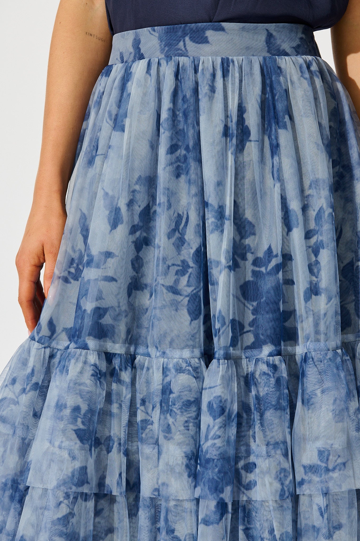 Sky Bloom Midi Skirt in Blue with Navy Floral Tulle
