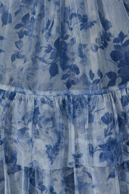 Sky Bloom Midi Skirt in Blue with Navy Floral Tulle