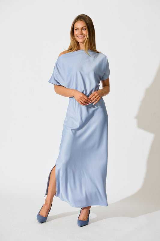 Forever And Always Maxi Off Shoulder Dress in Ice Blue Satin