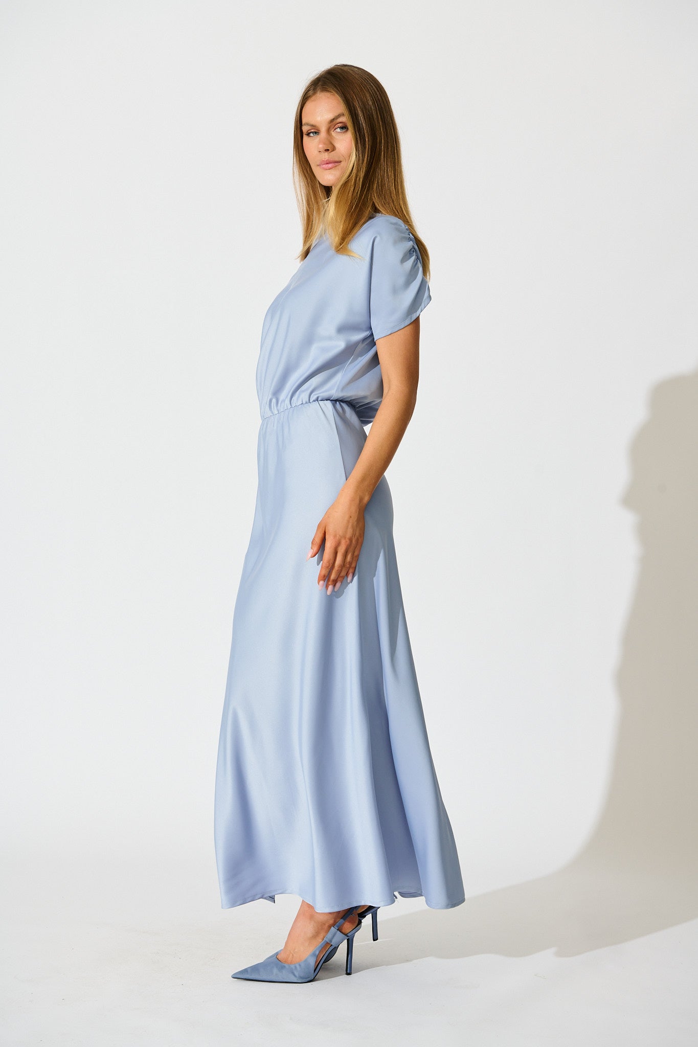 Forever And Always Maxi Off Shoulder Dress in Ice Blue Satin