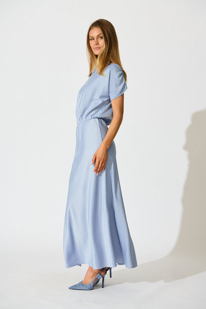 Forever And Always Maxi Off Shoulder Dress in Ice Blue Satin