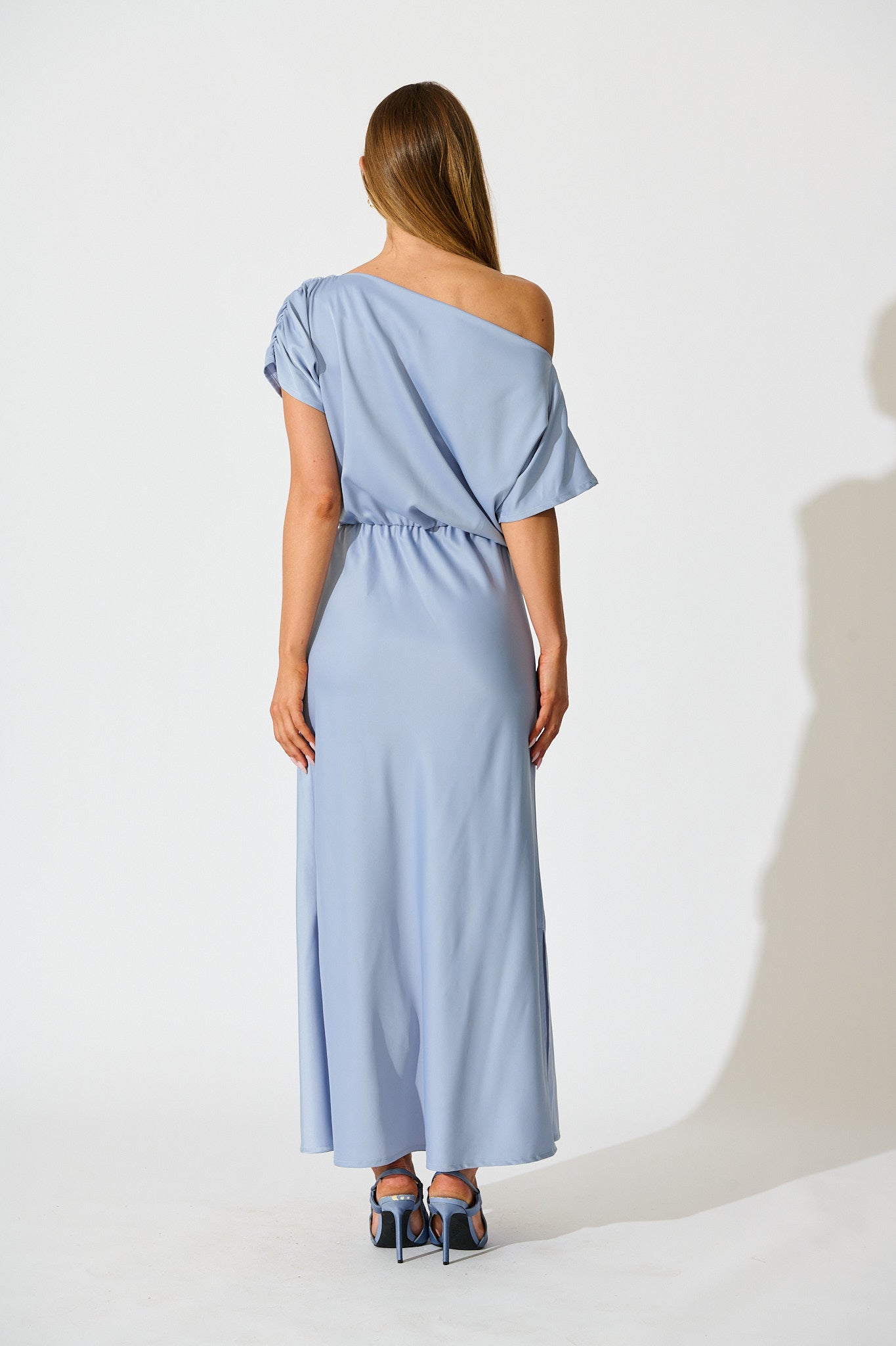 Forever And Always Maxi Off Shoulder Dress in Ice Blue Satin