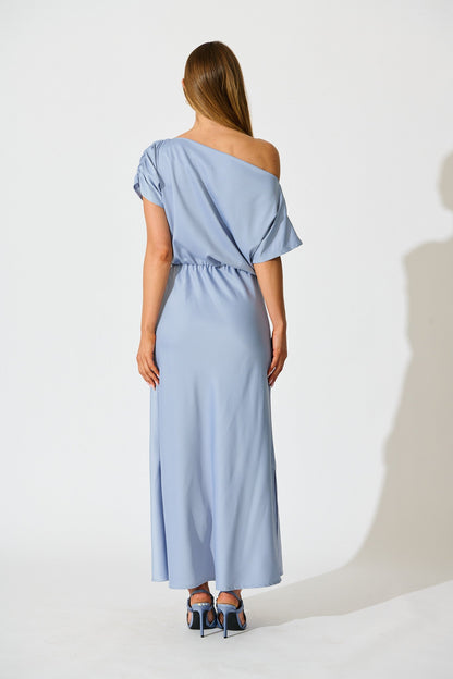 Forever And Always Maxi Off Shoulder Dress in Ice Blue Satin