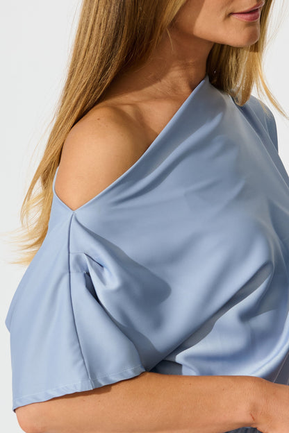 Forever And Always Maxi Off Shoulder Dress in Ice Blue Satin