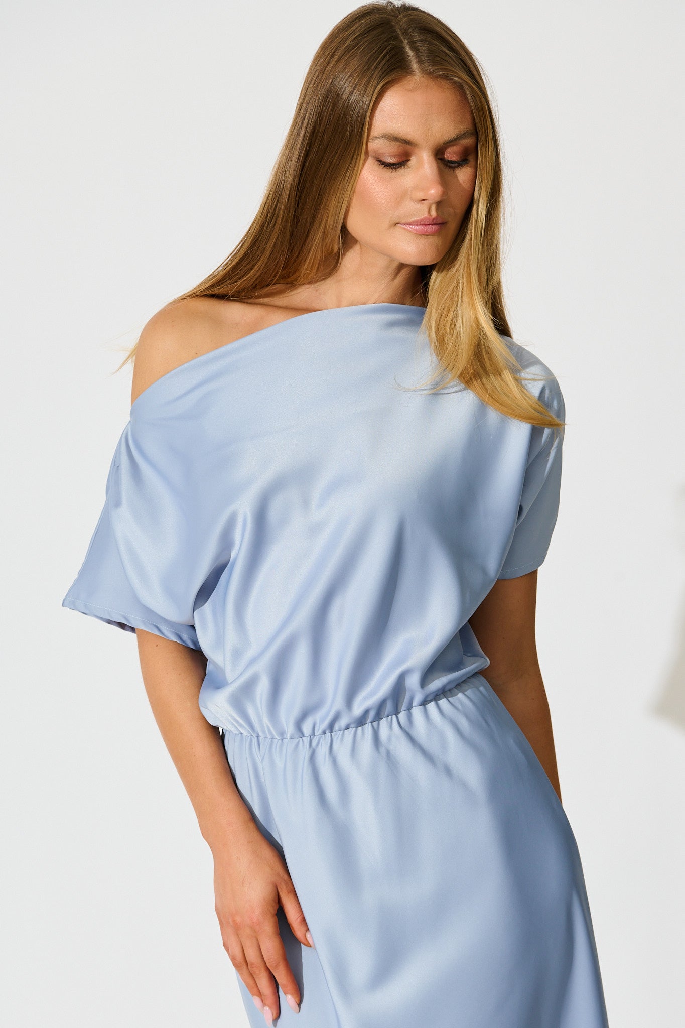Forever And Always Maxi Off Shoulder Dress in Ice Blue Satin