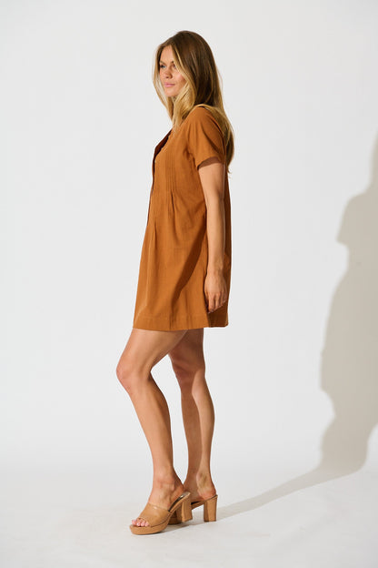 Ivory Fields Smock Dress in Camel Brown Cotton