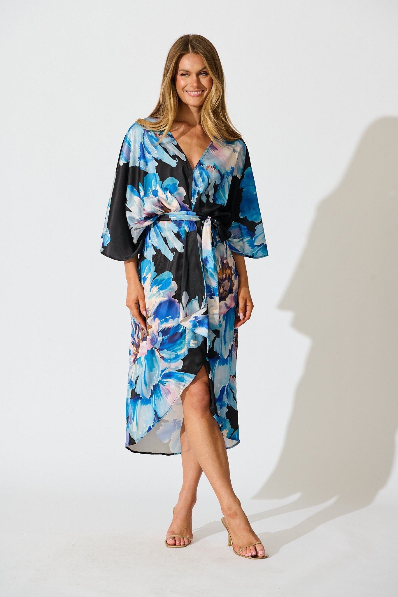 Joyful Midi Dress in Black with Blue Floral Satin