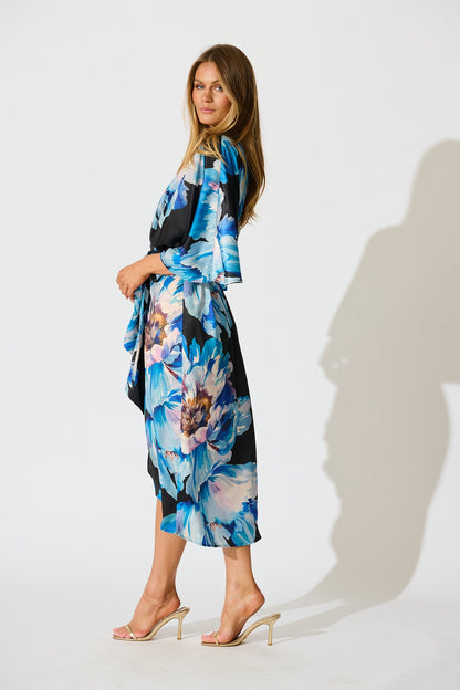 Joyful Midi Dress in Black with Blue Floral Satin