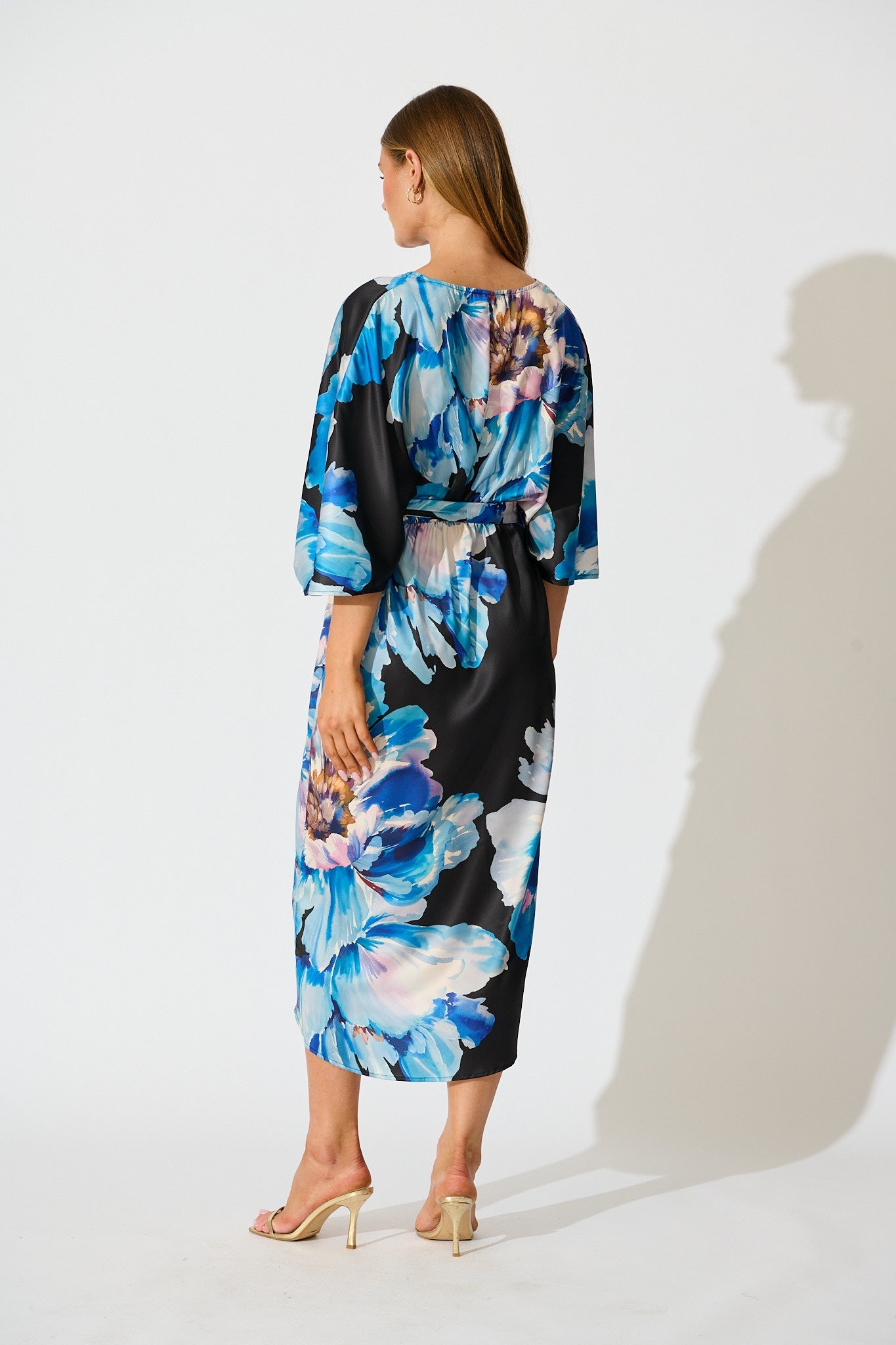 Joyful Midi Dress in Black with Blue Floral Satin