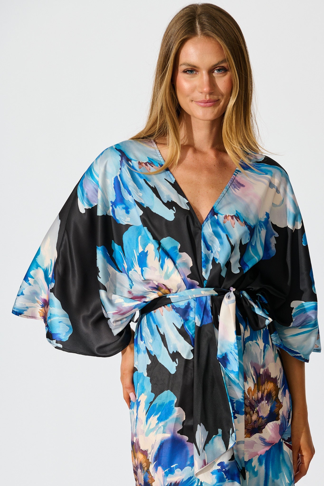 Joyful Midi Dress in Black with Blue Floral Satin