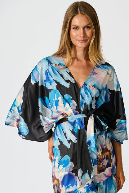 Joyful Midi Dress in Black with Blue Floral Satin
