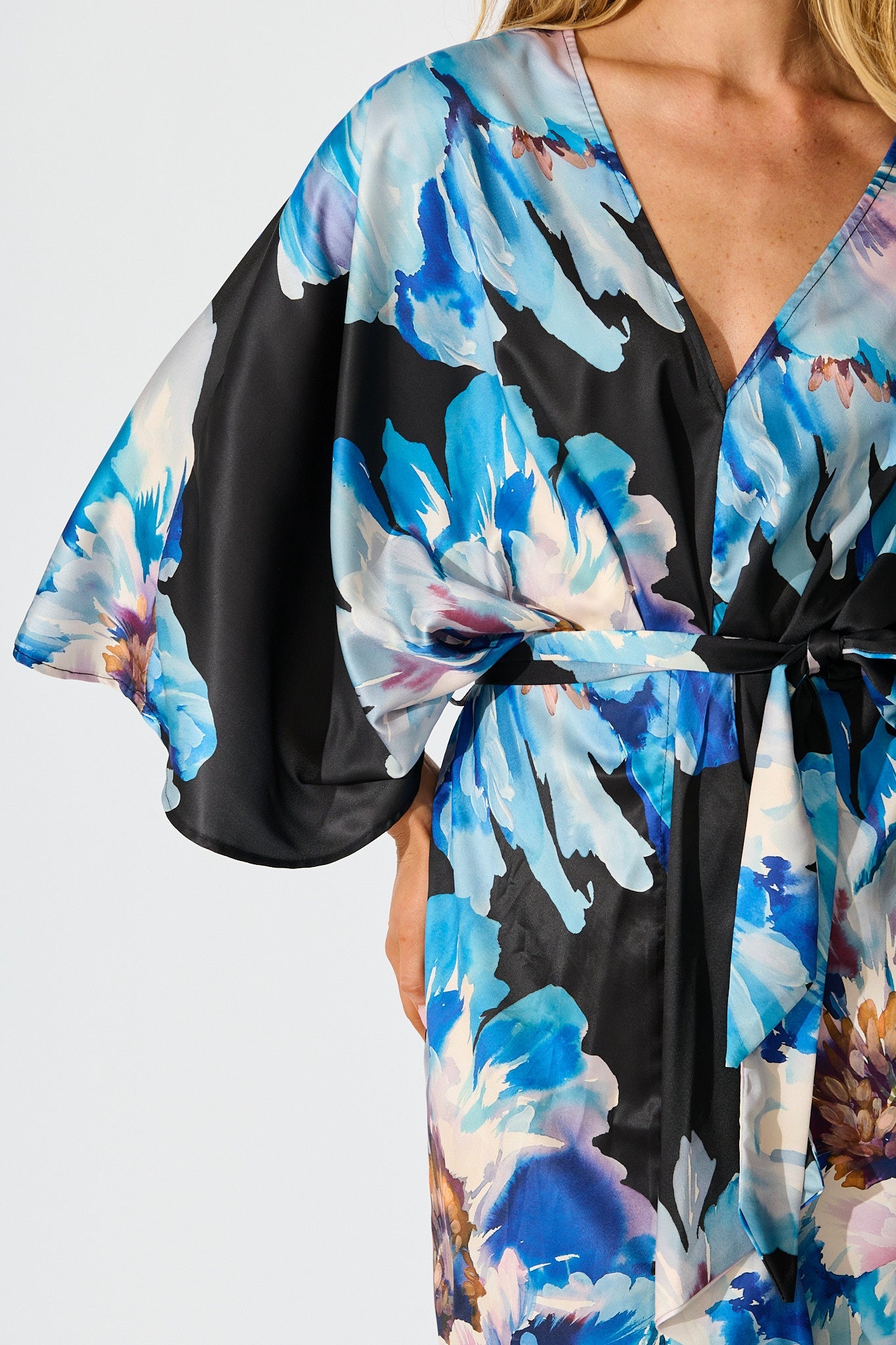 Joyful Midi Dress in Black with Blue Floral Satin