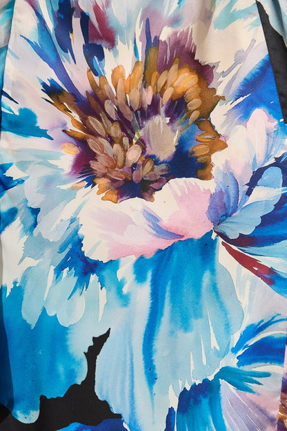 Joyful Midi Dress in Black with Blue Floral Satin