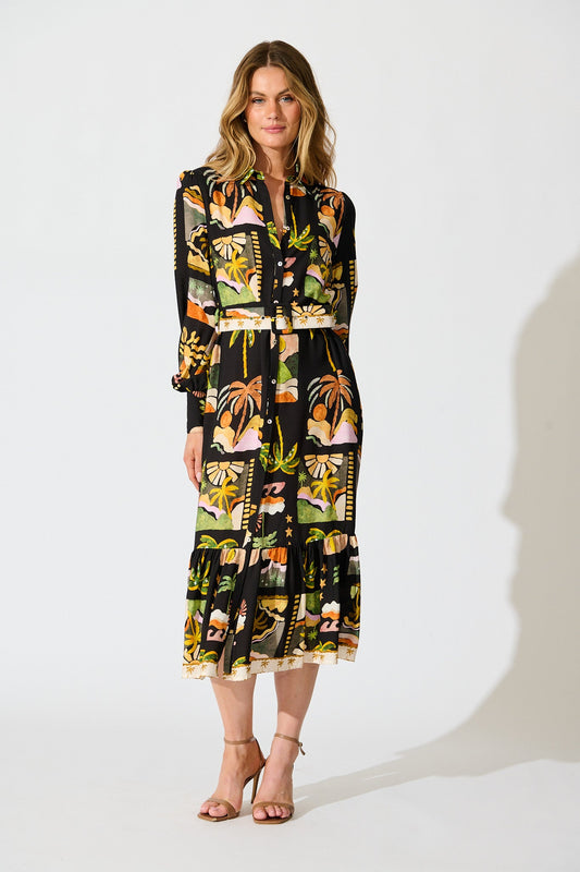 Juliana Midi Shirt Dress in Black with Multi Palm Tree Print