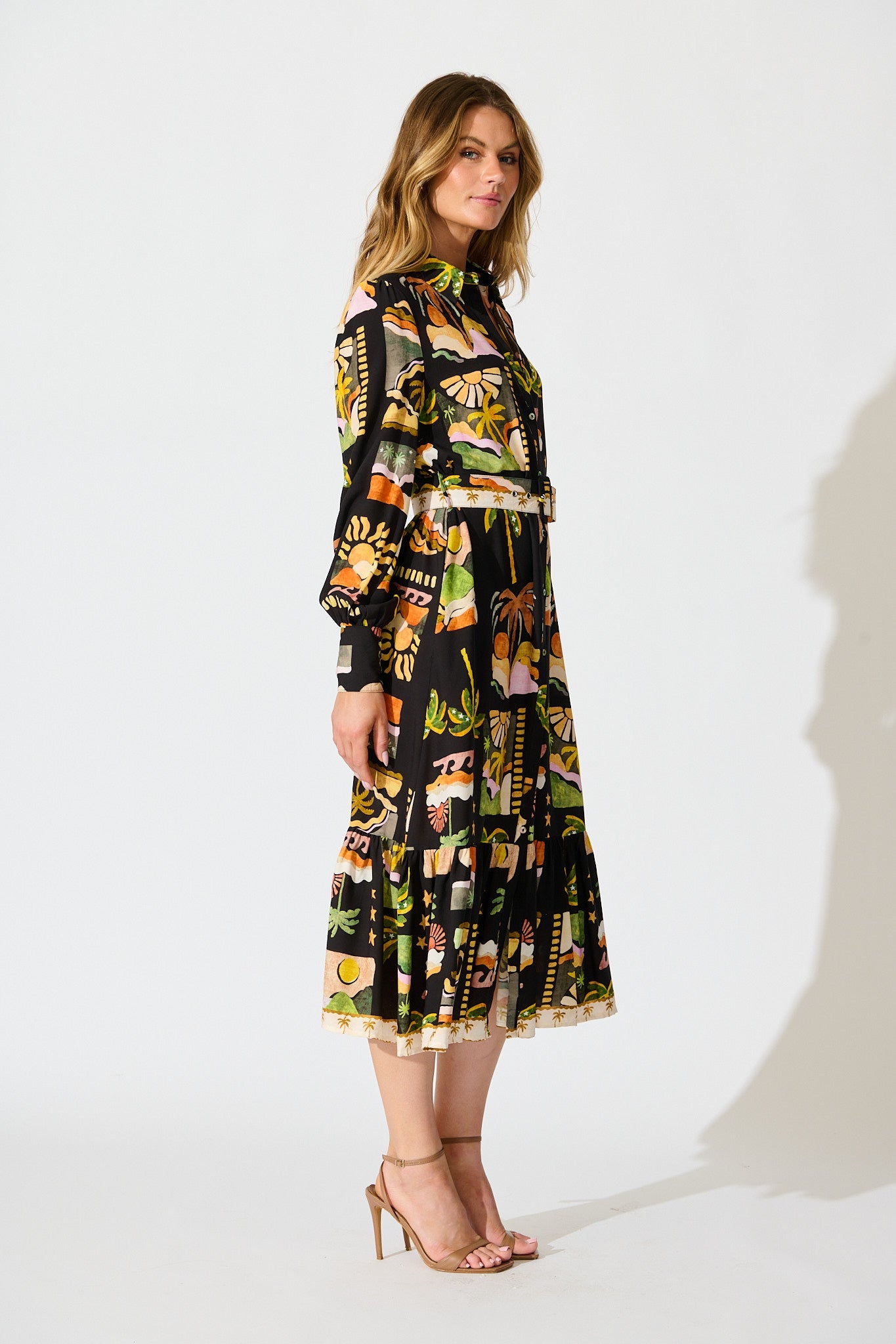 Juliana Midi Shirt Dress in Black with Multi Palm Tree Print